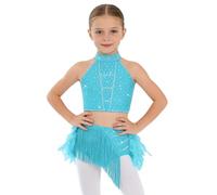 renvena Vestito da Ballo Latino Americano Bambina Strass Crop Top Danza Classica Moterna Canotta e Gonna con Piume Abito da Ballo Lirico Contemporaneo Blu Verde 7-8 Anni