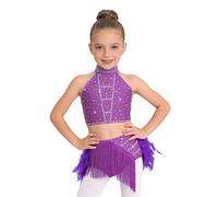 renvena Vestito da Ballo Latino Americano Bambina Strass Crop Top Danza Classica Moterna Canotta e Gonna con Piume Abito da Ballo Lirico Contemporaneo Viola 11-12 Anni