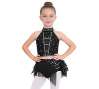 renvena Vestito da Ballo Latino Americano Bambina Strass Crop Top Danza Classica Moterna Canotta e Gonna con Piume Abito da Ballo Lirico Contemporaneo Nero 5-6 Anni