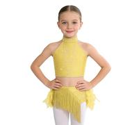 renvena Vestito da Ballo Latino Americano Bambina Strass Crop Top Danza Classica Moterna Canotta e Gonna con Piume Abito da Ballo Lirico Contemporaneo Giallo 7-8 Anni
