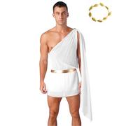 renvena Zeus Dio dell'Olimpo Costume Romano Antico Toga Dio Greco con Una Spalla Costume Imperatore + Corona del Dio Oro Costume in Maschera Carnevale Halloween Bianco L