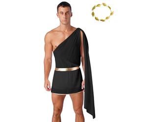 renvena Zeus Dio dell'Olimpo Costume Romano Antico Toga Dio Greco con Una Spalla Costume Imperatore + Corona del Dio Oro Costume in Maschera Carnevale Halloween Nero L