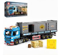 Reobrix Set di costruzione per camion semi con rimorchio staccabile per | Camion container europeo cab-over, rimorchio staccabile, porte di carico e tetto apribili, modello di visualizzazione per