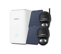 Reolink Argus PT Ultra + SP 2Pack con Home Hub, telecamera di sicurezza da esterno 4K 8MP a batteria, 5/2,4 GHz, brandeggio a 360°, visione notturna a colori, nero