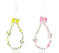 Reownest 2 braccialetti con ciondoli per telefono, graziosi cordini con perline con fiocco a farfalla e cuore perle, catena estetica portachiavi cinturini da polso per ragazze e donne