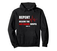 Repent, Believe The Life-Saving Gospel - Heartbeat EKG Faith Felpa con Cappuccio