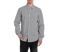 Replay Camicia a Maniche Lunghe da Uomo in Cotone, Multicolore (Nero/Bianco 010), L