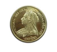 Replica della moneta storica: Gran Bretagna Regina Vittoria, 5 sterline del 1893. Realizzato in ottone.