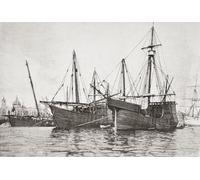 Repliche di navi La Nina e La Pinta. Le navi originali tipo caravella furono utilizzate da Cristoforo Colombo nel suo primo viaggio transatlantico nel 1492. Da La Ilustracion Artistica pubblicato 1887