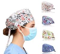 REROON 4 Pcs Adjustable Nurse Scrub Cap Women with Button | Elastic Bandage Surgical Cap with Sweat Towel | Tie-Back Bouffant Turban Ponytail Nurse Hat Hair Cover for Work | Unisex | Multiple Color