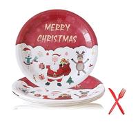 Reroon 50 Count Christmas Paper Plates Set with Fork and Knife | Disposable Dinner Plates Tableware Xmas Balls Snowflake Elk | 9" Round Plates for Kitchen Picnic Christmas Party Decorations