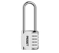 RESET-060 Lucchetto a 4 cifre, arco lungo, argento, 1 pz | Lucchetto a 4 cifre reimpostabile con arco lungo; arco 0,6 cm, larghezza interna 1,9 cm e altezza totale 11,6 cm.