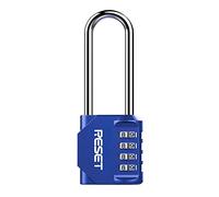RESET-060 Lucchetto a 4 cifre, arco lungo, blu, 1 pz | Lucchetto a 4 cifre reimpostabile con arco lungo; arco 0,6 cm, larghezza interna 1,9 cm e altezza totale 11,6 cm.