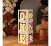 Resholder Una scatola per palloncini con lettere O, N, E illuminate, tre scatole quadrate bianche trasparenti per decorazioni per feste di compleanno di un anno