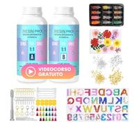 Resin Pro ® Resina epossidica trasparente + VIDEO CORSO OMAGGIO, Kit 500 gr di resina rapporto 1:1 + 100 accessori utili per la creazione di gioielli