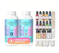 Resin Pro ® Resina epossidica trasparente + VIDEO CORSO OMAGGIO, Kit 500 gr di resina rapporto 1:1 + 29 accessori utili per la creazione di gioielli