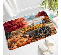 Resistente Tappeto da Cucina Autumn Farm Harvest Thanksgiving Squirrel Pumpkins Sunflowers Trolley Red Barn Scene Zerbini per esterni Tappetino per vasca da bagno 40×60cm per Soggiorno