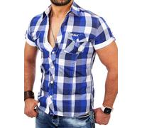 Reslad, camicia da uomo maniche corte a scacchi, camicia per il tempo libero, aderente, camicia a scacchi RS 7065 Blau S