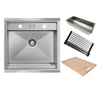 Respekta California Lavello da incasso in acciaio inox con accessori premium e panchina per rubinetto, 52 x 50 cm, con tagliere, griglia scolapiatti e vassoio residuo/lavello in acciaio inox per