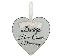 Respicefinem forma del cuore vintage ecco che arriva la mamma papà ecco il segno di sospensione del legno di mummia Rustico per feste di nozze per eventi speciali 20 × 20 × 1