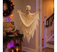 RestfulLux Decorazione da appendere a forma di mummia di Halloween con suoni spaventosi, 80 cm, mummia attivata dalla voce con occhi di teschio incandescente per casa infestata