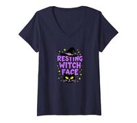 Resting Witch Face: Spettrale Halloween Cat Lover Magic Maglietta con Collo a V, Donna, Navy, L