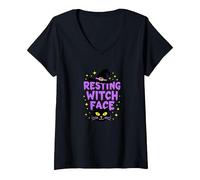 Resting Witch Face: Spettrale Halloween Cat Lover Magic Maglietta con Collo a V, Donna, Nero, XL