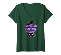 Resting Witch Face: Spettrale Halloween Cat Lover Magic Maglietta con Collo a V, Donna, Verde Foresta, M