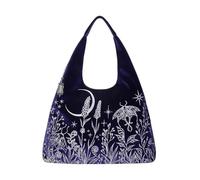 Restyle Borsa Hobo Stargazer Grande| Tote Bag in Velluto Blu Mezzanotte per Notebook e Cartelle A4 | Borsa a Tracolla Whimsigoth con Ricamo Mistico Luna e Falene | Stile Forestcore Gotico