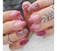 Resweky 24 Pz Coffin Medium Fake Nails French Paillettes Stampa su Unghie Glitter Rosa Nude Unghie False Copertura Completa Acrilica Unghie per Donne e Ragazze