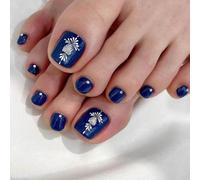 Resweky 24 pz Francese Quadrato Fake ToeNails Blu Profondo Fiore Falso Unghie Cristallo Glitter Glossy Press on Toe Nail Tips per le donne e le ragazze