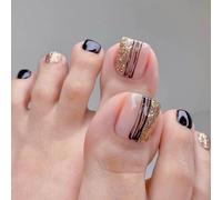 Resweky 24 pz Francese Quadrato Fake ToeNails Linee Nere Paillette Oro Glitter False Toils Glossy Nude Press on Toe Nail Tips per le donne e le ragazze
