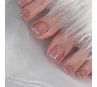 Resweky 24 PZ Premere sulle unghie dei piedi Quadrato Nudo Rosa Copertura Completa Fake Unghie dei piedi Brevi Paillette Francese Fake Unghie dei piedi Nude Toe Nails per le donne Teens Girls
