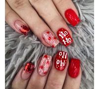 Resweky 24pcs Natale falso chiodo rosso calzini francesi unghie finte corte quadrato paillettes copertura completa chiodo falso per le donne e la ragazza