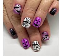 Resweky Halloween Square Bat Spider Unghie finte colorate viola francese corte unghie finte copertura completa Unghie acriliche stampa Nail per le donne e le ragazze