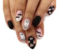 Resweky Halloween Square Bat Spider Unghie finte francesi Short Ghostface fantasma unghie finte copertura completa Unghie acriliche per le donne e le ragazze (Pink, L)