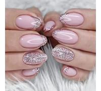 Resweky Mandorla Lunghe Unghie False Rosa Nude Paillette Glitter Unghie False Lucide Copertura Completa Unghie Acriliche French Press su Unghie per le Donne