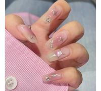 Resweky Medioum Long Square Fake Nails Star French Press su Unghie Cristallo Lucido Nude False Nails Copertura Completa Acrilica Nails per le Donne