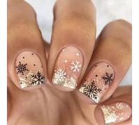 Resweky Nails Falsi di Natale 24pcs Nude Pink Squin Francese Quadrato Chiodi Falsi Candy Fiocco di Neve di Media Lunghezza Copertura Completa Chiodo Falso per le Donne e la Ragazza