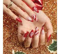 Resweky Natale Francese Stampa sulle Unghie 24 Pz Fiocco di Neve Lungo Coffin Ovale Finti Unghie Paillette Lucido Artificiali Finti Unghie Copertura Completa Acrilica Unghie per le Donne (Oval)