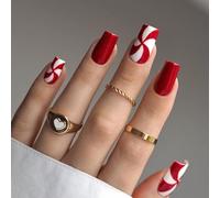 Resweky Natale Unghie False 24pcs Caramella Rossa Francese Unghie False Quadrate Lunghezza Media Copertura Completa Chiodo Falso per le Donne e la Ragazza
