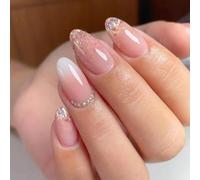 Resweky Ovale medio lunghe unghie finte rosa nude unghie finte lucide Crystal Glitter mandorla copertura completa Unghie acriliche stampa francese sulle unghie per le donne