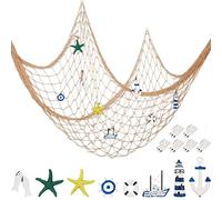 Rete da Pesca Decorativa Rete da Pesca Nautica Decorazione da Parete 8 Pezzi Stella Marina, Barca a Vela, Faro, Anello di Vita, Timone, Ancora con Gancio per Sirena Mediterranea (Bianco Crema)