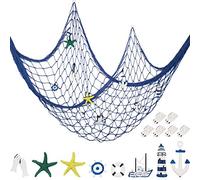 Rete da Pesca Decorativa Rete da Pesca Nautica Decorazione da Parete 8 Pezzi Stella Marina, Barca a Vela, Faro, Anello di Vita, Timone, Ancora con Gancio per Sirena Mediterranea (Blu)