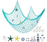 Rete da Pesca Nautica Decorativa da Appendere alla Parete, 8 Pezzi, Stella Marina, Barca a Vela, Faro, Anello di Vita, timone, Ancora con Gancio Trasparente, per Feste mediterranee a Sirena (Azzurro)