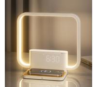 RETEYUNG Lampada da Comodino con Caricatore Wireless da 10W, Luce Notturna, Luce di risveglio con 10 Suoni Rilassanti, 2 Sveglie, Luminosità Regolabile Touch Dimmerabile 3 Livelli di Luminosità