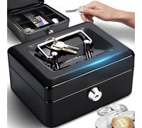 Retoo Cassetta portavalori richiudibile, 15 x 12 x 8 cm, con inserto per monete e 2 chiavi in acciaio verniciato a polvere, cassetta antincendio con manico retrattile e serratura a cilindro di