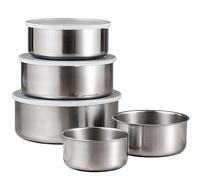 Retoo Contenitori per alimenti in acciaio inossidabile 5 pezzi, scatole ermetiche con coperchio 10/12/14/16/18 cm, contenitori per alimenti, ermetici, rotondi, riutilizzabili, con fodera in silicone