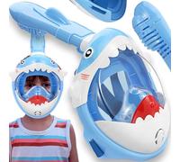 Retoo Maschera da snorkeling per bambini, con visione panoramica a 180°, tecnologia Dry Top, anti-perdite, guarnizione in silicone morbido, cinghie regolabili, design squalo, leggera e sicura