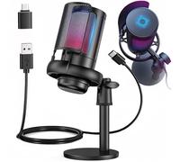 Retoo Microfono da gioco RGB, microfono USB con funzione di spegnimento on/off click, riduzione del rumore, controllo volume, filtro pop, plug & play, per PC, PS4, PS5, streaming, podcast, studio,